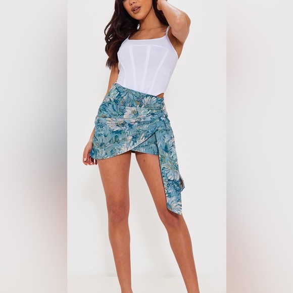 Blue Floral Jacquard Ruched Side Mini Skirt - Picture 1 of 6